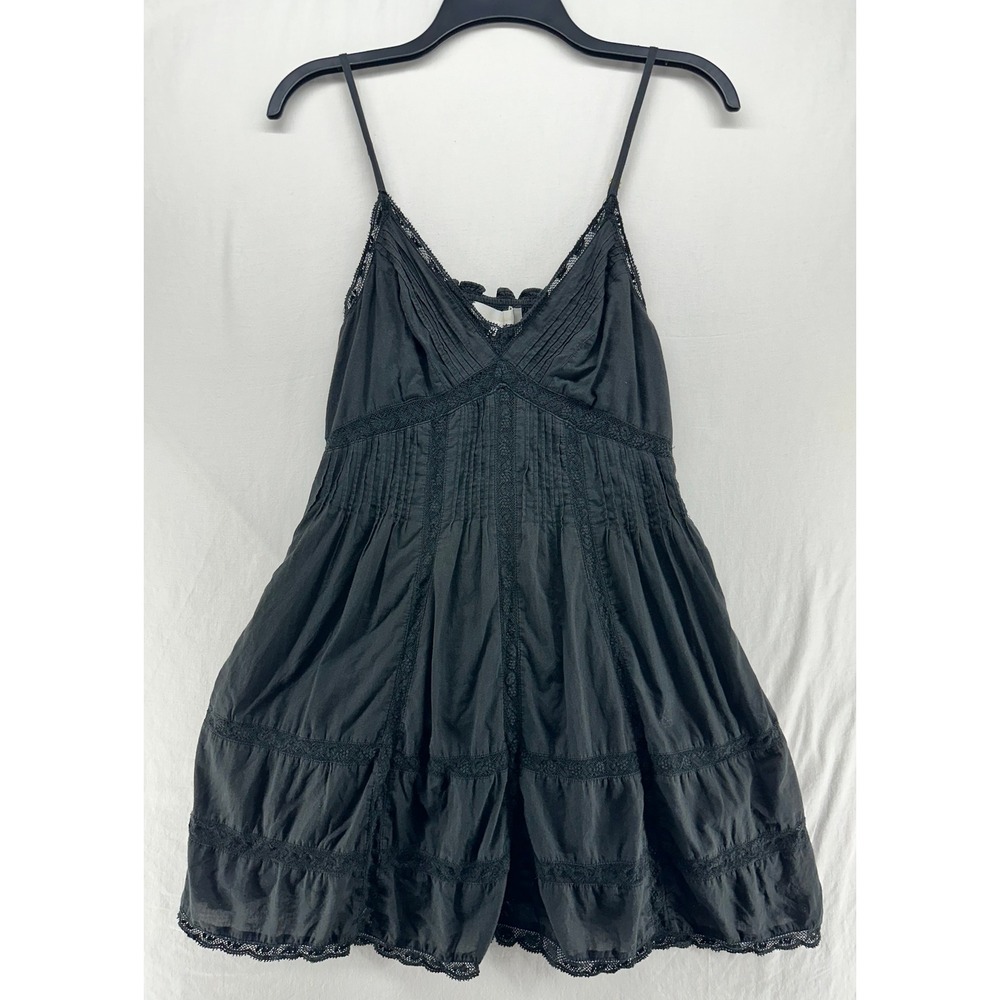 LoveShackFancy Black Lace Trim Pintuck Mini Dress Sleeveless Smocked Back Small